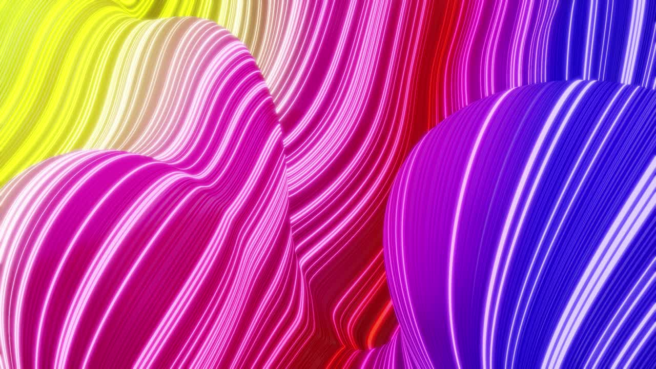 Bellissimo sfondo astratto di onde sulla superficie, sfumature di colore arcobaleno, linee estruse come una superficie di tessuto a strisce con pieghe o onde su un liquido. Loop 4k. Linee luminose. 7
