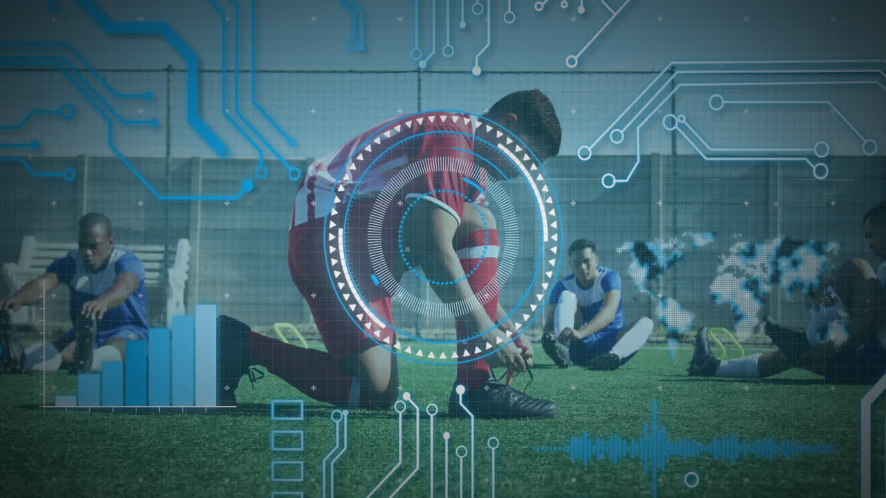 남성 축구 선수가 신발 ⁇ 을  ⁇ 는 것에 대한 둥근 스캐너와 마이크로프로세서 연결