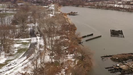 an aerial view of calvert vaux park on a cold winter morning