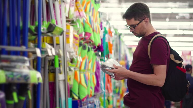 Uomo che acquista prodotti per la pulizia in un supermercato