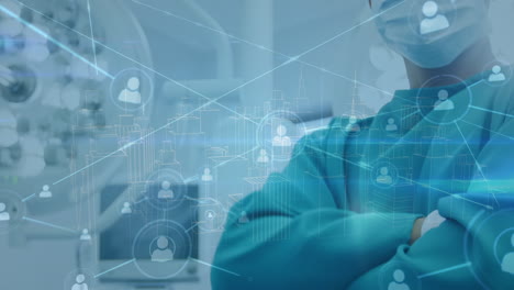 animation of connections over hands of biracial male surgeon putting on gloves