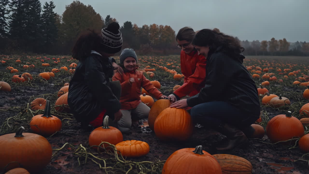 Family enjoys a day of pumpkin picking at a muddy pumpkin patch in autumn
