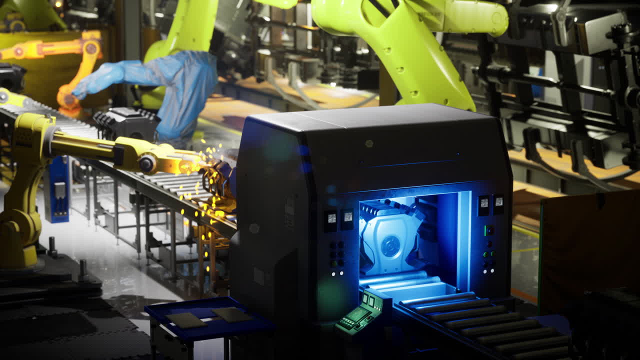 Modern factory automation with robotic arms and assembly line technology