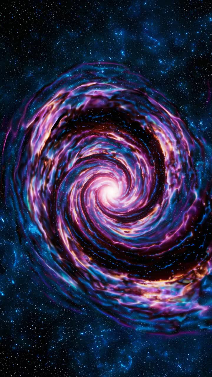 A mesmerizing video of a swirling galaxy, blending vibrant colors and cosmic elements