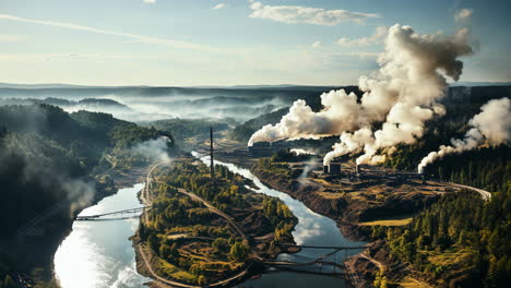 industrial landscape with smoke rising from factories near a river