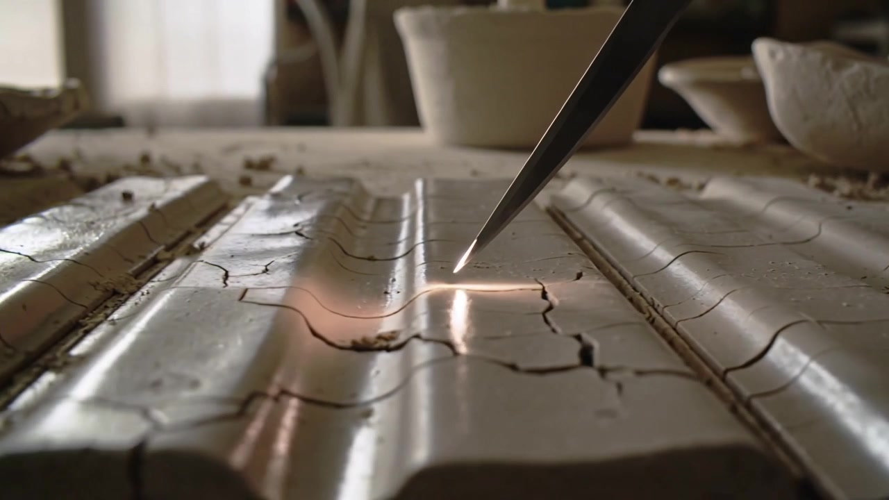 Punta metallica appuntita che scorre in una scanalatura di un pannello di gesso scanalato su un banco, rimuovendo i detriti.