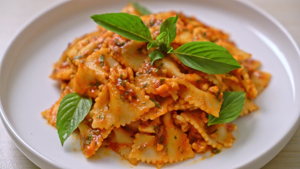 farfalle pasta with basil and garlic in tomato sauce - Italian food style