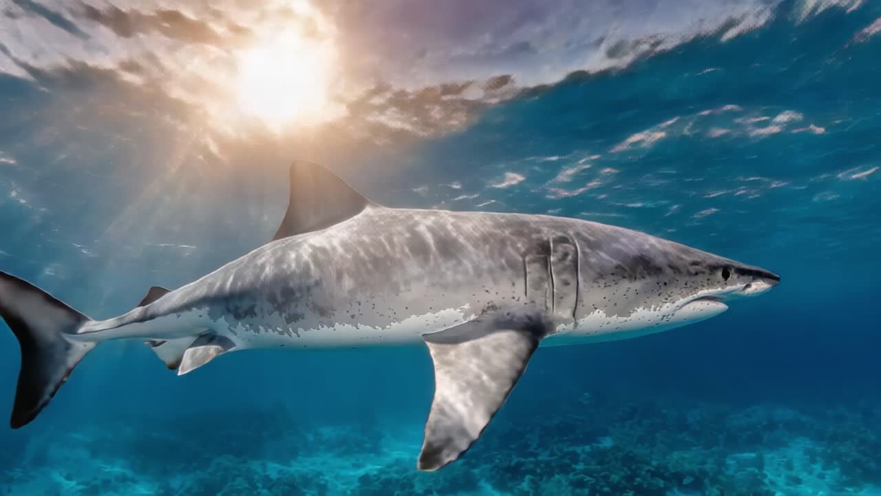 Majestic Underwater Encounter: A Stunning Shark Glides Gracefully Through Crystal-Clear Waters, Illuminated by Sunlight Filtering Through the Surface