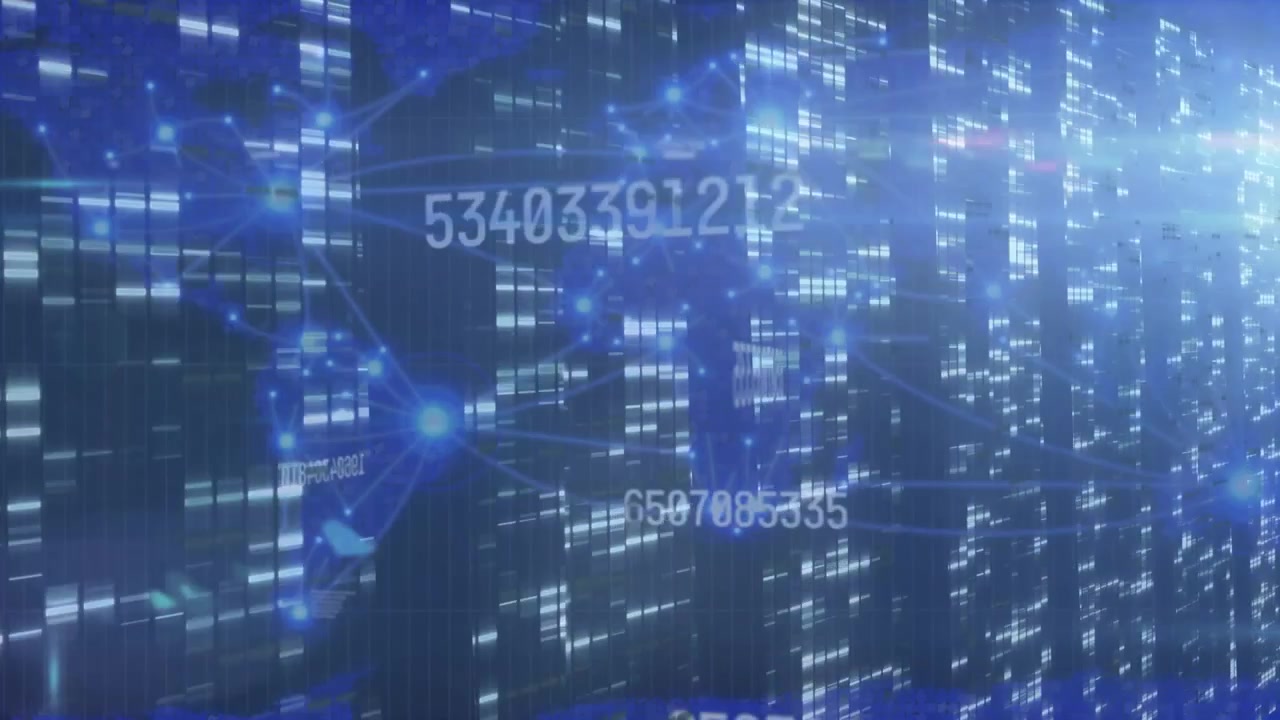 Animation of data processing over world map and computer servers