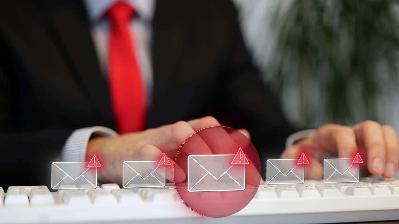 False businessman writing phishing scam virus messages on a computer keyboard