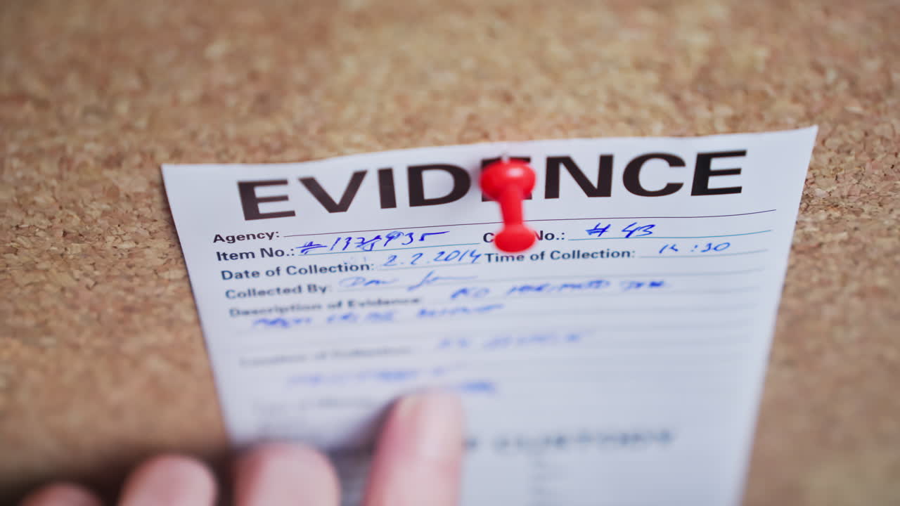 Primo piano di mani che attaccano un documento a una bacheca investigativa di sughero. Ideale per documentari true crime, procedurali investigativi e temi misteriosi.