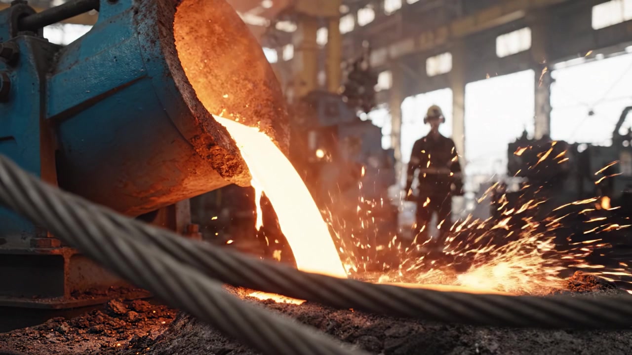 Il metallo fuso scorre da un forno in un ambiente industriale, mostrando l'intensa operazione di colata del metallo e la meticolosa maestria degli operai coinvolti.