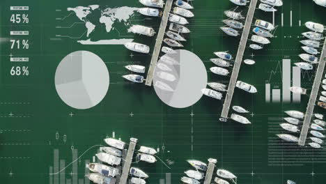 animation of global statistics overlay on boats docked at marina