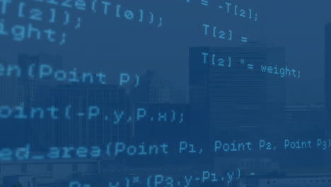 Animation-Einer-Blauen-Computersprache,-Die-Sich-Vor-Modernen-Gebäuden-Bewegt