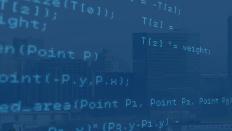 animación de lenguaje informático azul moviéndose contra edificios modernos