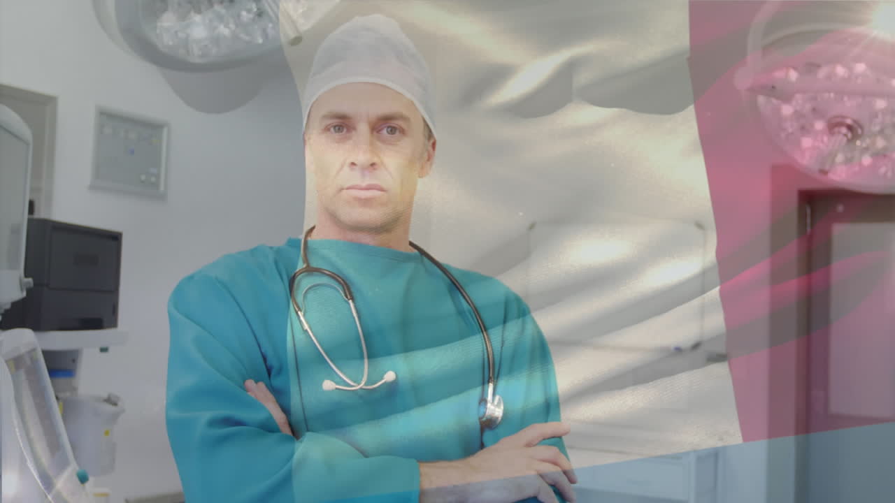 animación de la bandera de francia ondeando sobre el cirujano en el quirófano