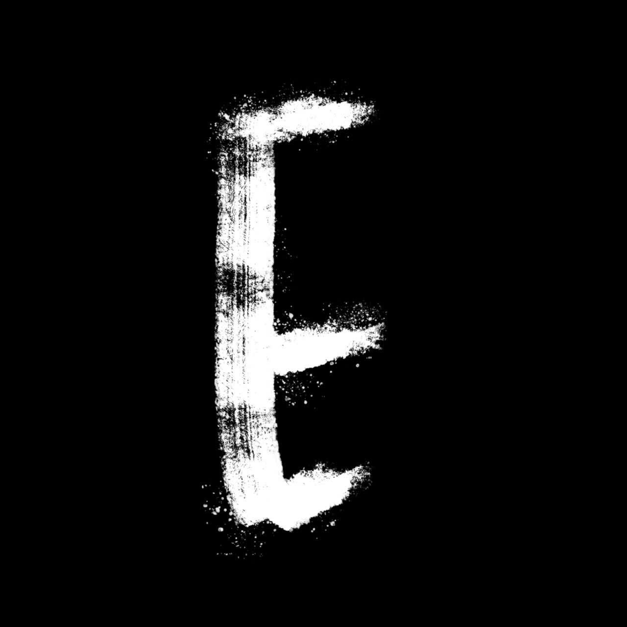 Lettera E bianca animata in stile grunge che appare su sfondo nero.