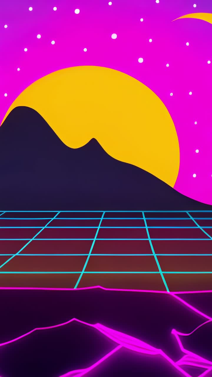 Vertical video: Emerging purple waveform pulsing across landscape over neon grid in sky