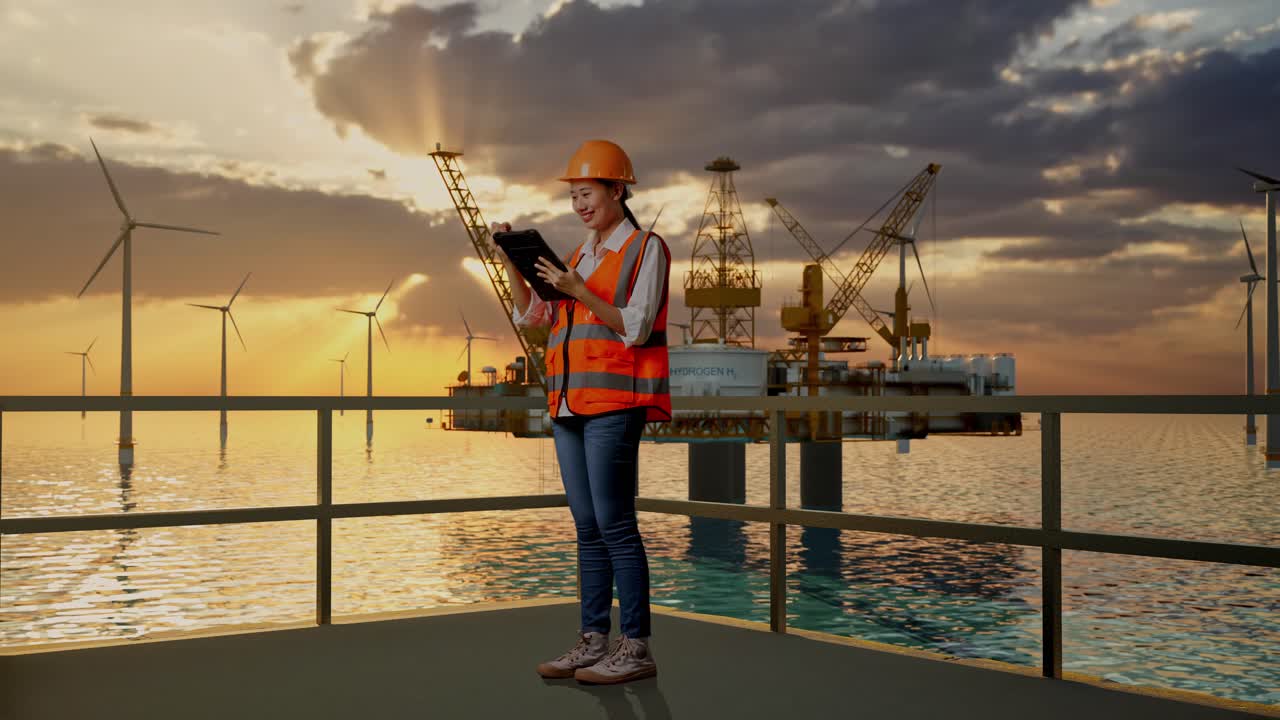 vista lateral completa del cuerpo de una ingeniera asiática con casco de seguridad tomando nota en la tableta y mirando a su alrededor mientras está de pie con la producción de hidrógeno