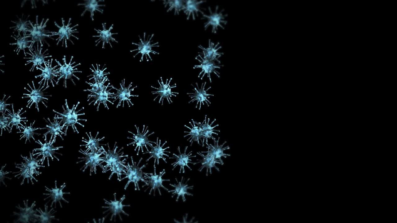 Flying many virus cells on black background. Medical concept, Microscopic illustration. 3D animation of virus molecule rotating. Loop animation.