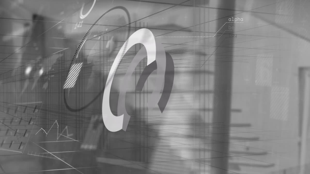 Animation of moving financial data processing over grey background