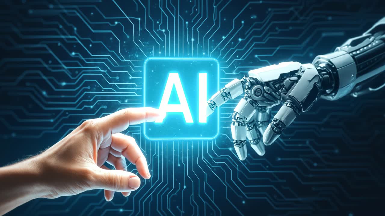 Futuristic video concept of human and robot hands reaching for AI symbol