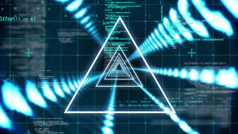 Animation-of-neon-triangles-and-spots-over-data-processing-on-black-background