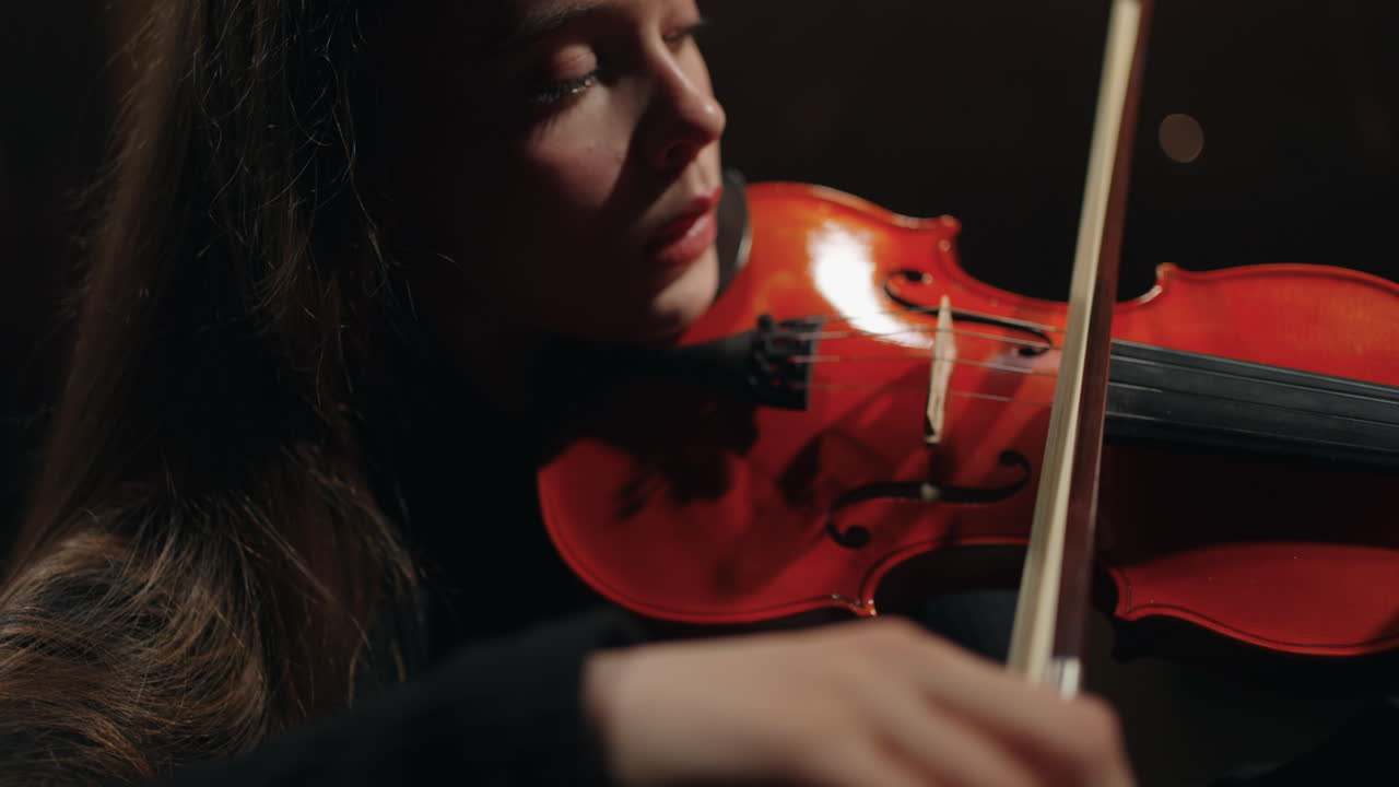 hermosa mujer violinista en la orquesta sinfónica en la escena de la sala de música la señora está tocando el violín o la viola