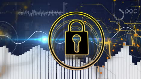 lock symbol animation over financial data charts and graphs