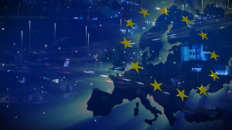 european union flag animation over european map and cityscape at night