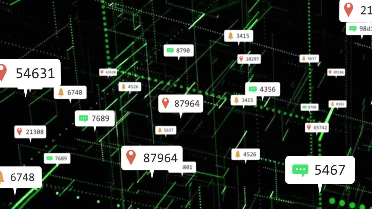 Digital data points and location markers over green grid network animation