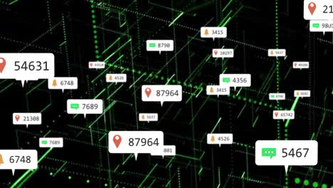 digital data points and location markers over green grid network animation