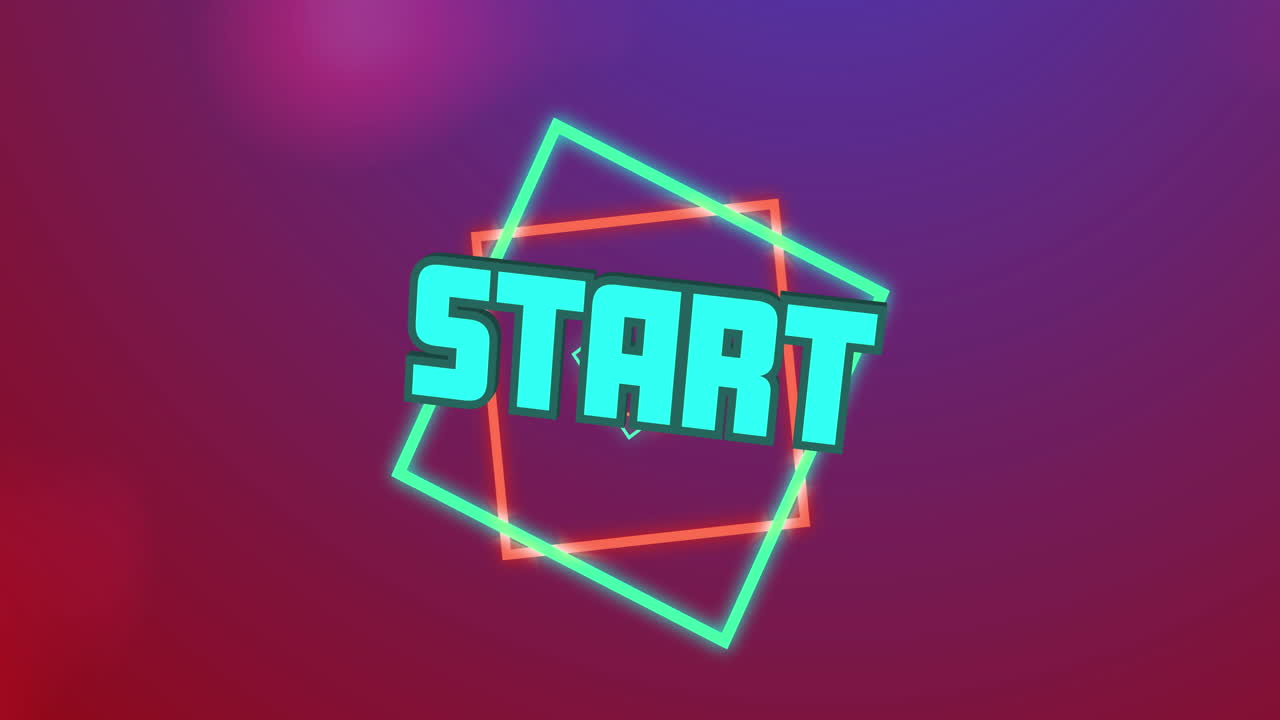 Animation of start text in blue with spinning squares on blurred red and purple background