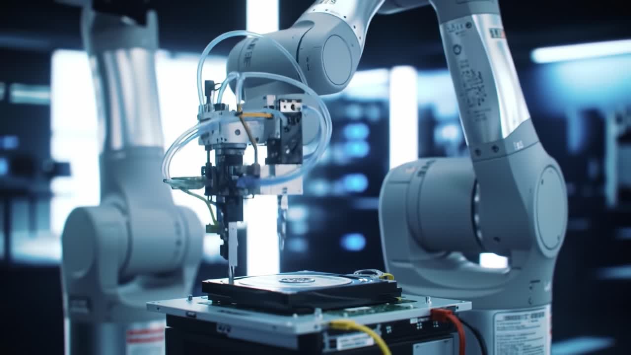 Advanced robotic arms work together to assemble intricate electronic components in a high-tech manufacturing facility. The environment showcases automation and precision engineering.