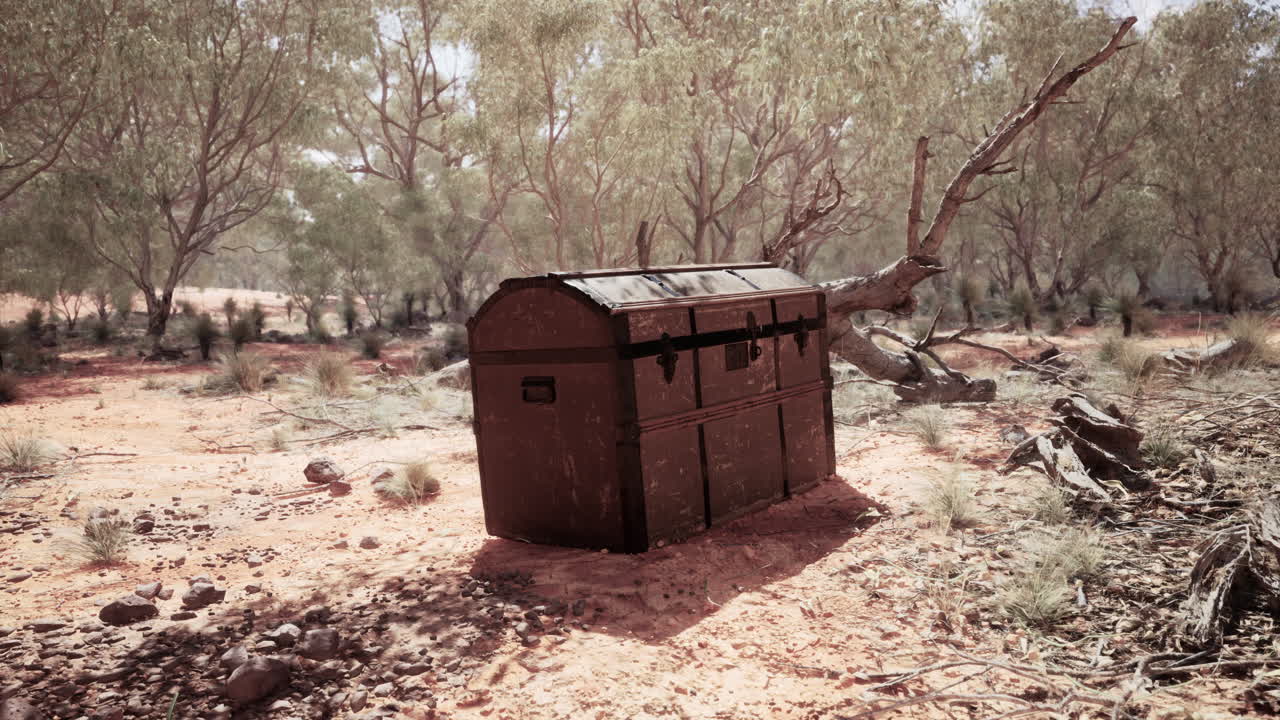 모래 해변 에 있는 폐쇄 된 나무 보물 상자