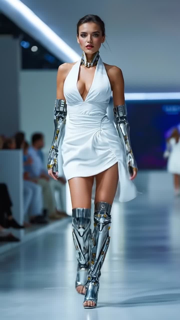 Fashion model in white dress and metallic bionic leg armor walking on runway