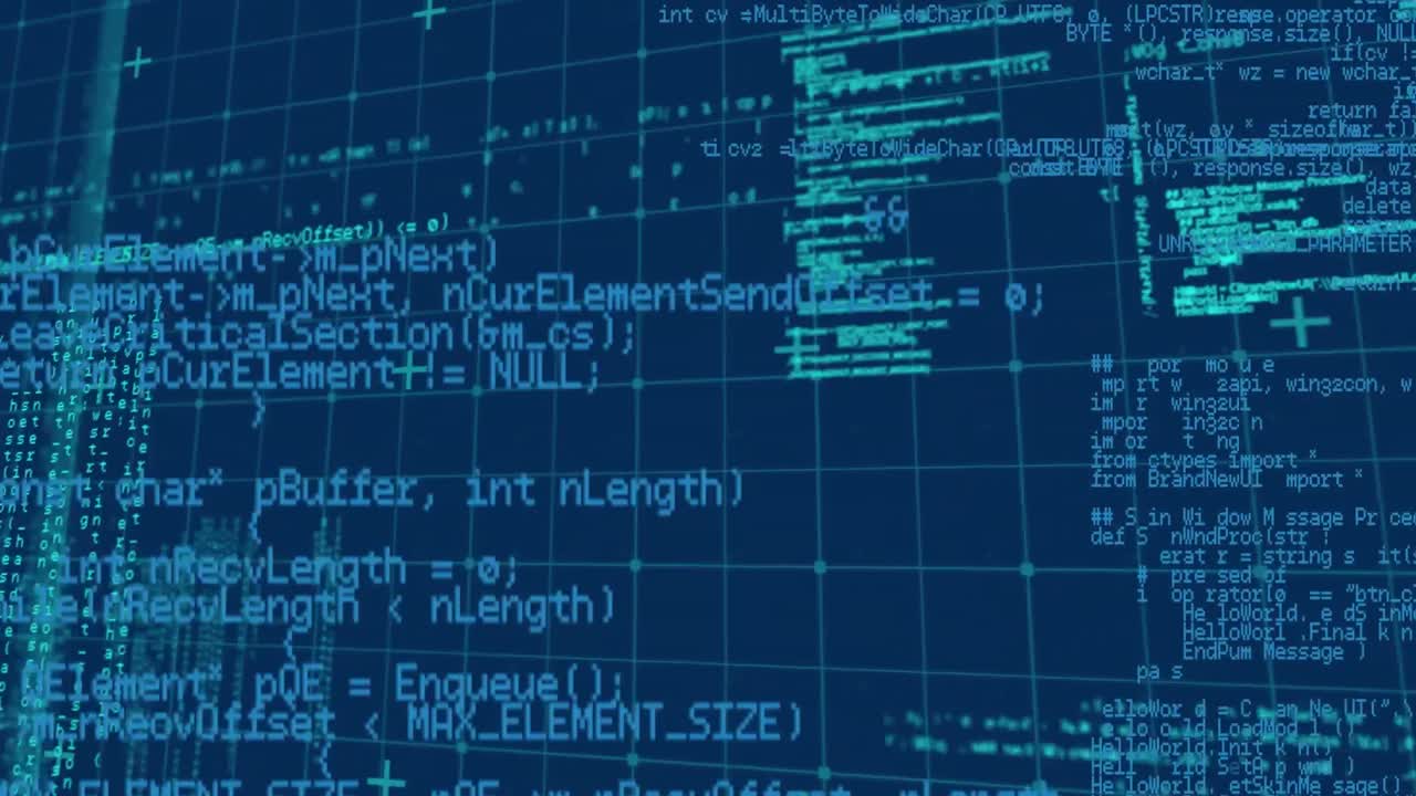Animation of data processing over grid on blue background