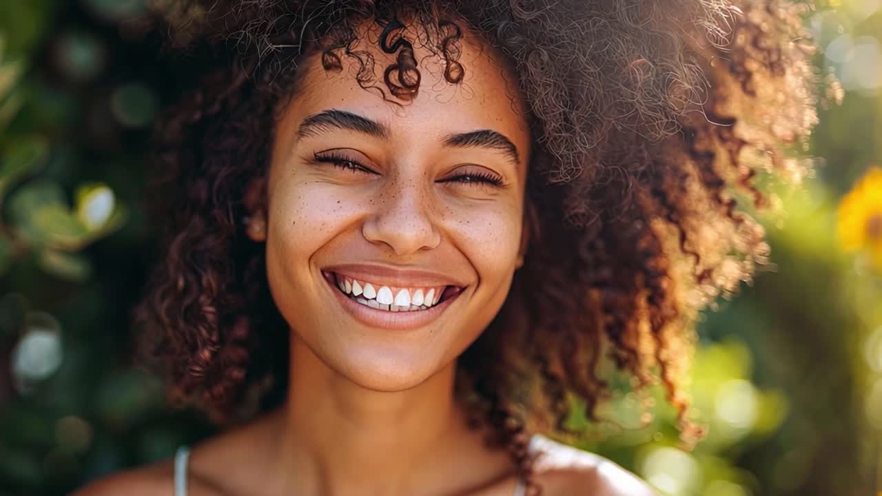 Close-up portrait of a happy woman with curly hair smiling with eyes closed