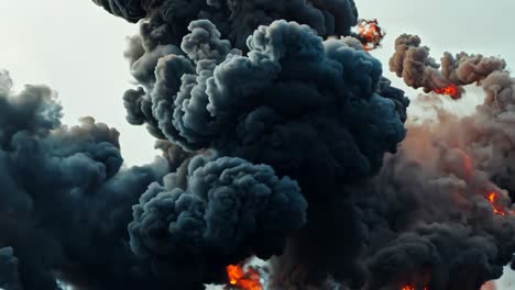 A large explosion is depicted in the image, with a mix of orange and black smoke filling the sky. Concept of chaos and destruction, as the explosion has caused a significant amount of damage