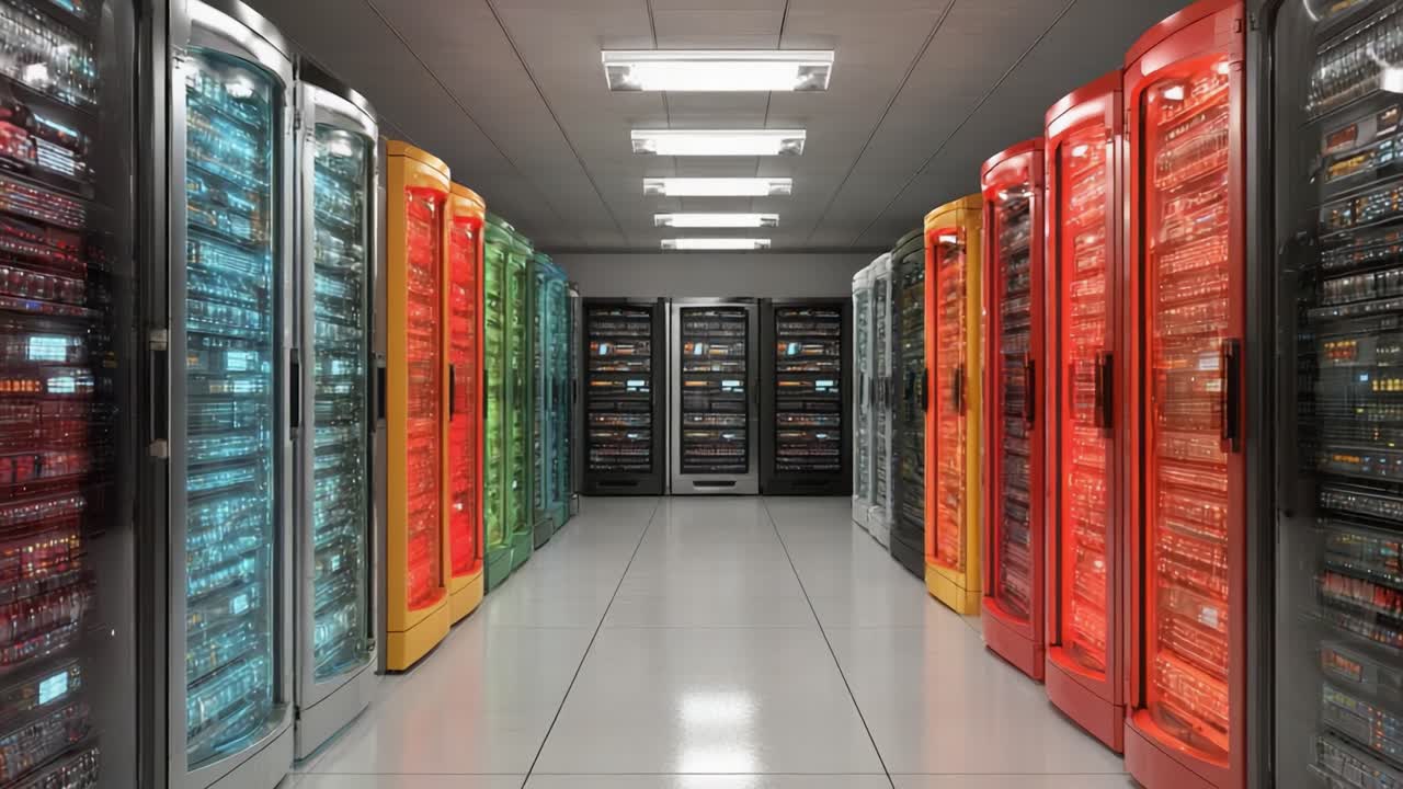 A Stunning View of a Modern Data Center Showing Multiple Server Racks with Colorful Interfaces in a High-Tech Environment