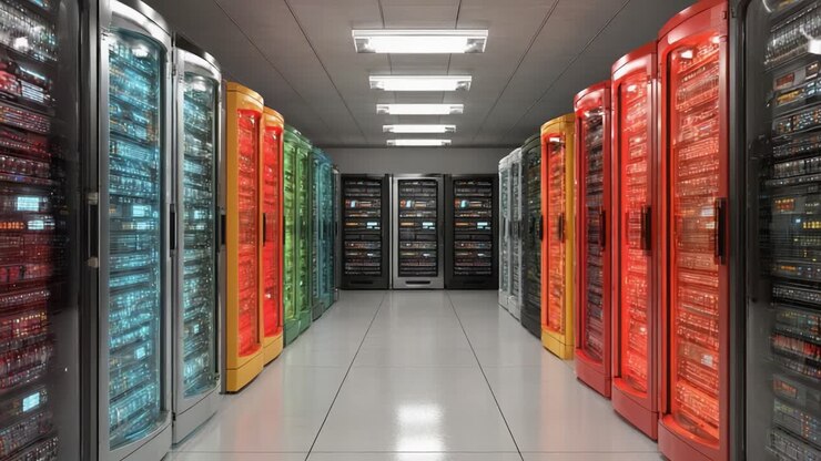 A Stunning View of a Modern Data Center Showing Multiple Server Racks with Colorful Interfaces in a High-Tech Environment