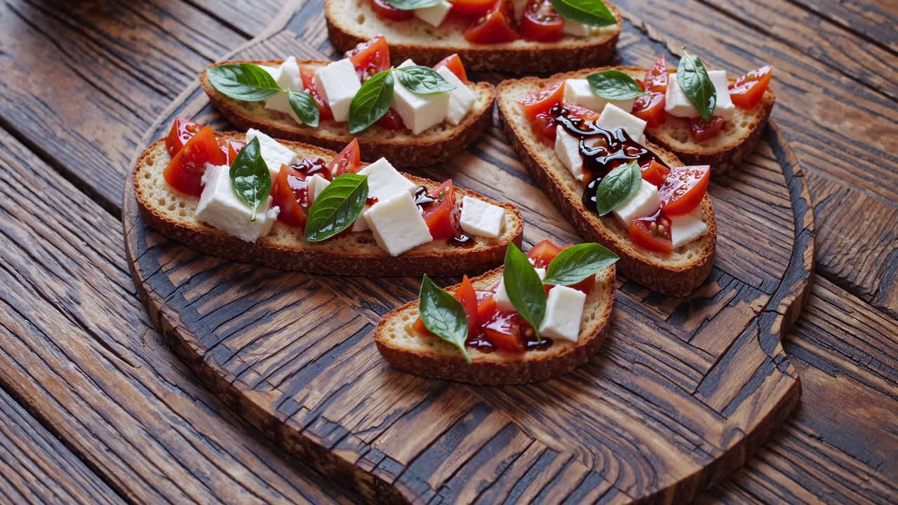 Video bidikan top-down bruschetta rustic dengan tomat, feta, dan basil di atas papan kayu