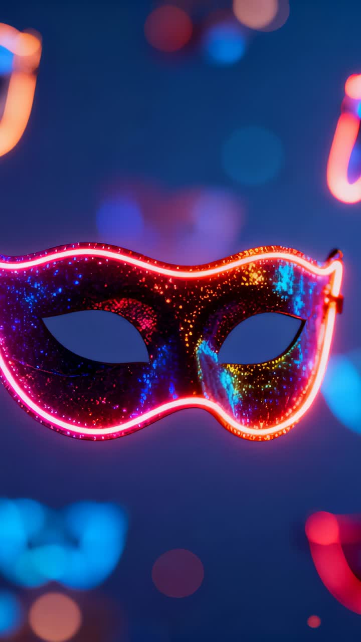 Video verticale: Mostra una maschera glitterata che fluttua in studio, maschere al neon che entrano con effetto bokeh, spazio per il testo.