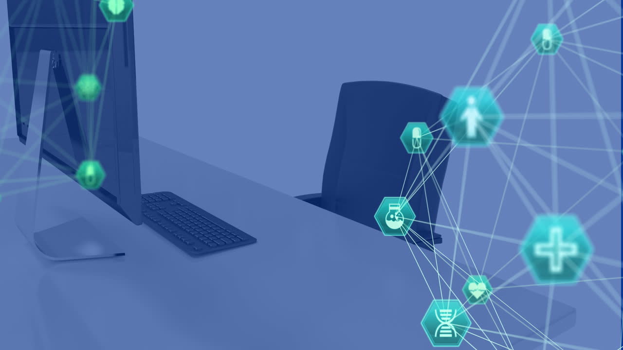 animación de la red de conexiones con iconos a través de la computadora en la oficina.