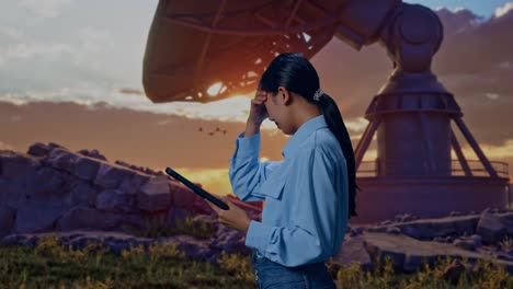 Side View Of An Asian Female Professional Worker Standing With Her Tablet With Large Satellite Dish, Checking With Dissapionted And Nodding Her Shead