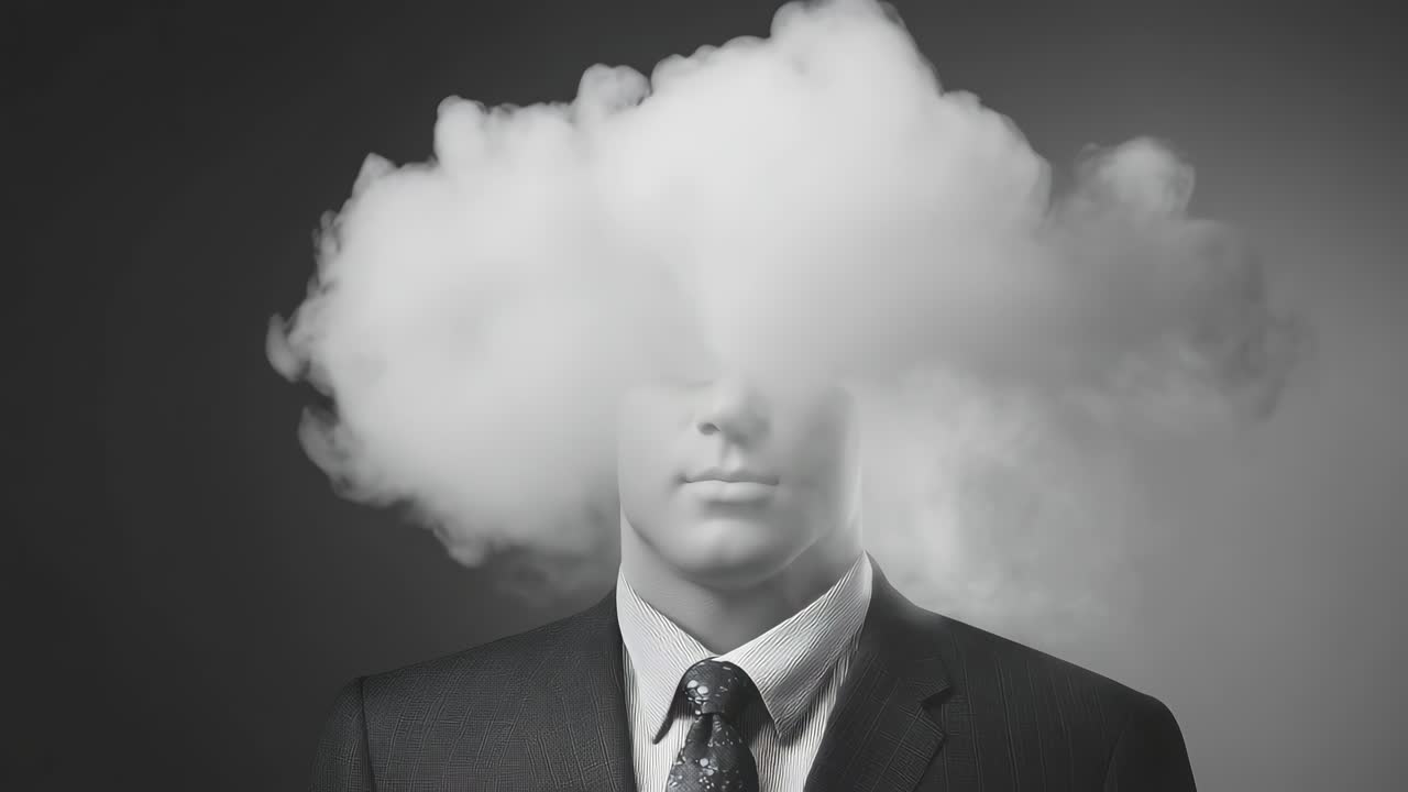 Surrealistisches Video-Konzept einer Person im Anzug, deren Gesicht von einer Wolke verdeckt wird.
