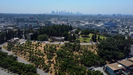 drone shot barnsdall art park and hollyhock house in east hollywood
