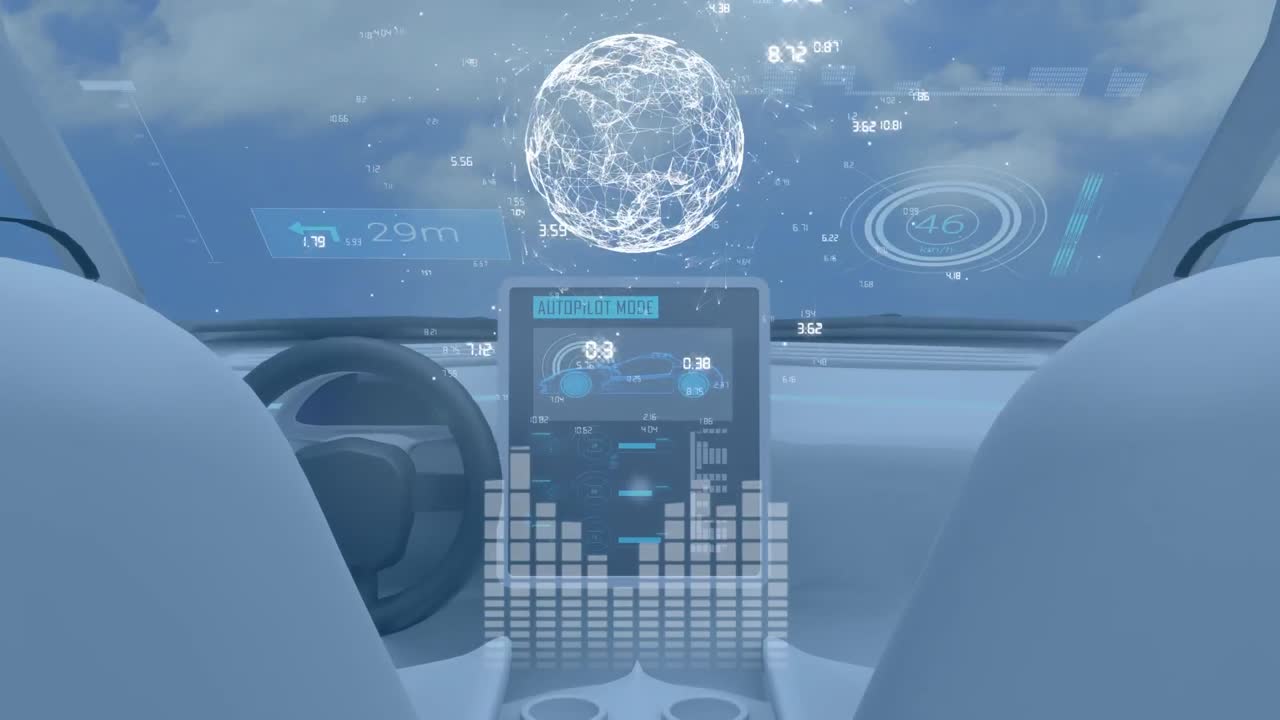 연결 네트워크의 지구의 애니메이션과 디지털 테이블로 자동차 대시보드에서 데이터 처리