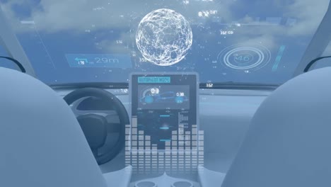animación del globo de redes de conexiones y procesamiento de datos sobre el tablero de instrumentos del coche con ta digital