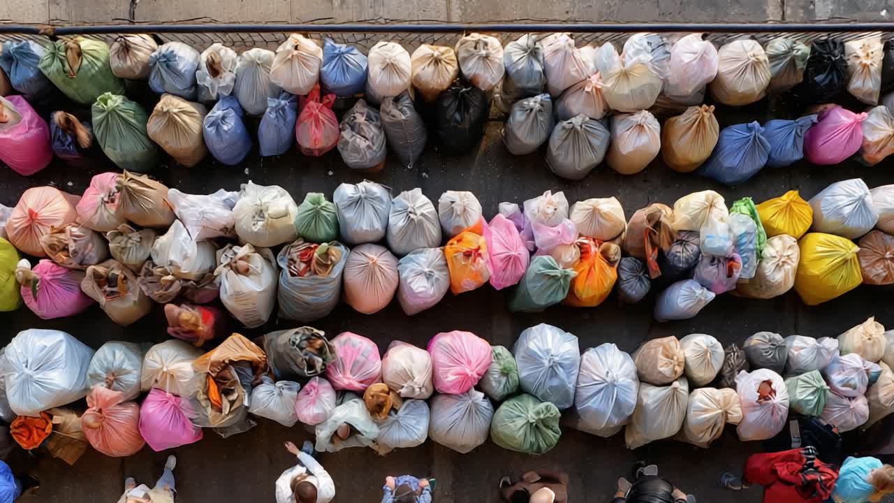 Aerial View of Colorful Waste Bags in an Urban Setting, Highlighting the Issue of Waste Management and Recycling Practices amidst Daily Life and Urbanization